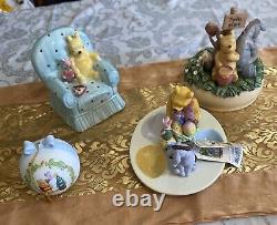 4 Disney Winnie the Pooh Figurine Music Box, Piggy Bank, Ornament, Egg Plate