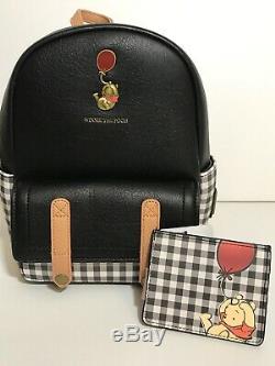 DISNEY Loungefly Classic Winnie The Pooh Black Plaid Mini Backpack & Card Holder