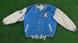 Disney Winnie the Pooh Denim Jean Varsity Jacket Quilted Lining with Hood Size XL