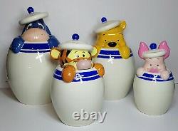 Disney Winnie the Pooh Peek-a-Boo White with Blue Stripe Ceramic Canister Set 4