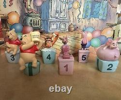 Full Set Of Winnie The Pooh birthday figurines +stand/backdrop. Perfect Cond