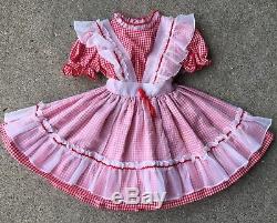 Girls Vintage Red Gingham Ruffle Dress With Sheer Pinafore Winnie The Pooh Twirl