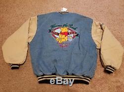 NWT Vintage Disney Store XL Winnie the Pooh Denim Varsity Jacket Coat withHood Vtg