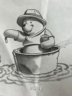 Original Disney Winnie the Pooh Bear fishing animation pencil drawing