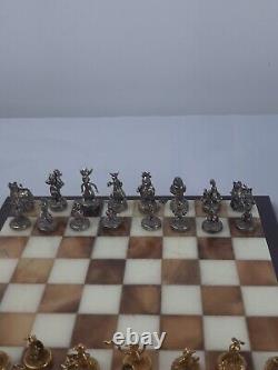 RARE Disney Winnie the Pooh Pewter Chess Set + Marble Board