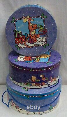 Rare! Christmas 1990's Disney's Winnie The Pooh Set Of 3 Nested Rd Hat Boxes New