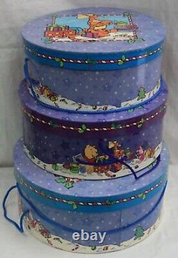 Rare! Christmas 1990's Disney's Winnie The Pooh Set Of 3 Nested Rd Hat Boxes New