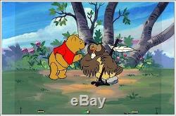 Rare Disney MASTER KEY Animation Cel/Bkgd. Painting-Winnie the Pooh & Owl COA
