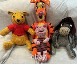 Vintage Crocheted Winnie the Pooh 22, Tigger 36, Piglet 22, Eeyore 19 Plush