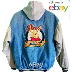 Vintage Disney Store Winnie the Pooh Denim Varsity Jacket with Hood Adult Size M