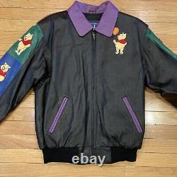 Vintage Winnie The Pooh Leather Jacket Adult XL Black Genuine 90s Full Zip