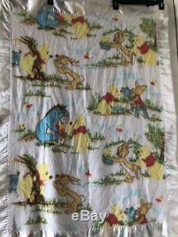 Vintage Winnie the Pooh Bear Blanket Beacon Satin Trim Eeyore Rabbit Piglet
