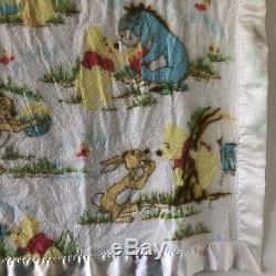 Vintage Winnie the Pooh Bear Blanket Beacon Satin Trim Eeyore Rabbit Piglet