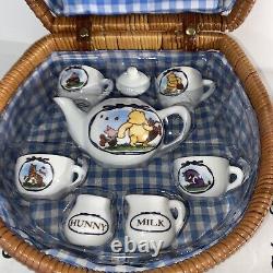 Winnie the Pooh Miniature Collectible China Tea Set Basket Picnic Schylling VTG
