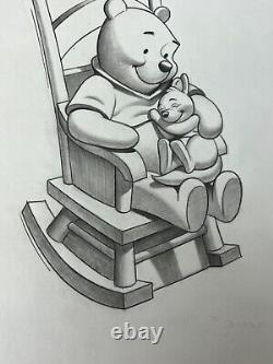 Dessin original au crayon de l'animation de Winnie l'ourson pêchant de Disney