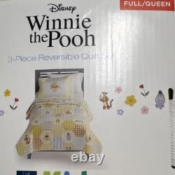 Disney Winnie l’Ourson Ensemble de courtepointe réversible 3 pièces, grand lit/queen