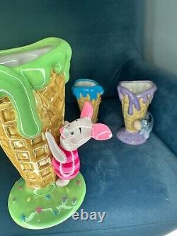 Ensemble De Winnie & Amis Céramique Waffle Ice Cream Cone Holder Cup Disney Rare