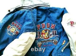 Hot Vtg 90 Hommes Disney Winnie Le Pooh Embroided Varsity Hooded Denim Jacket XL