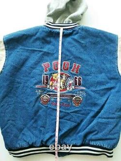 Hot Vtg 90 Hommes Disney Winnie Le Pooh Embroided Varsity Hooded Denim Jacket XL