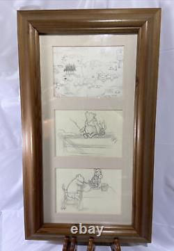 'WINNIE L'OURSON Sketch Art Signé EHS Ernest Howard Shepard Encadré en Bois 16x12'